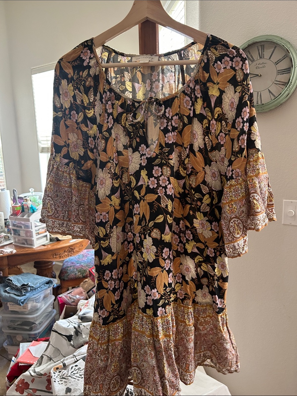 Boho Floral Mini Dress in Black and Mustard